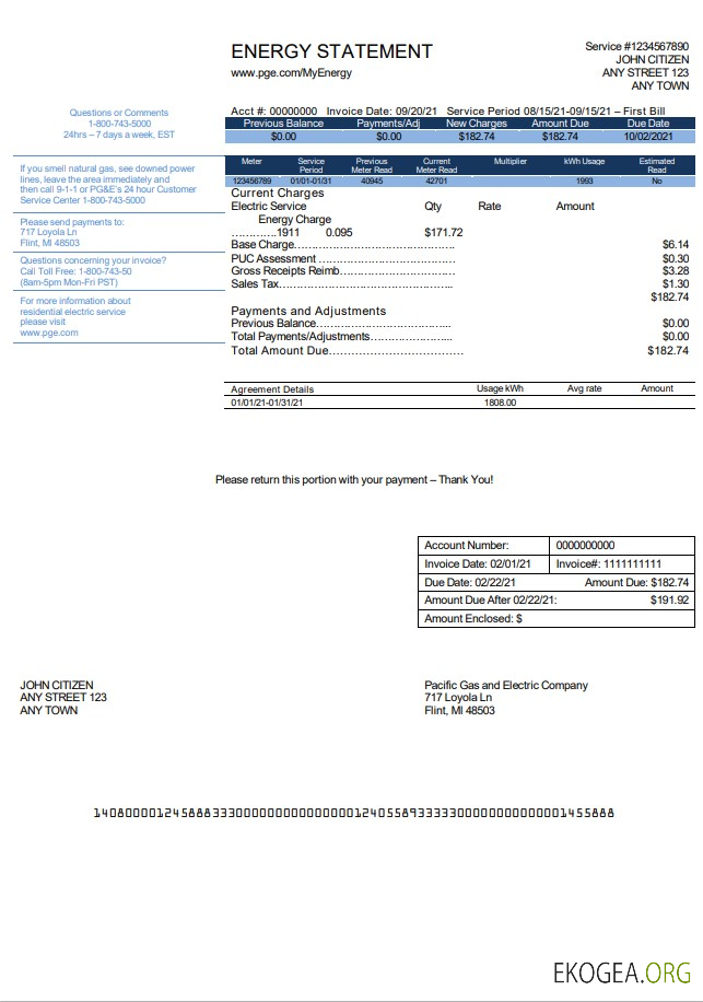 USA California PG&E (Pacific Gas and Electric Company) utility bill template in Word and PDF format, version 2